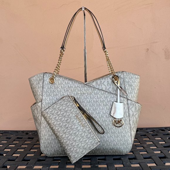 Michael Kors Jet Set Travel Large Chain Shoulder Tote Bag + Wallet MK Pale Gold - Picture 1 of 15